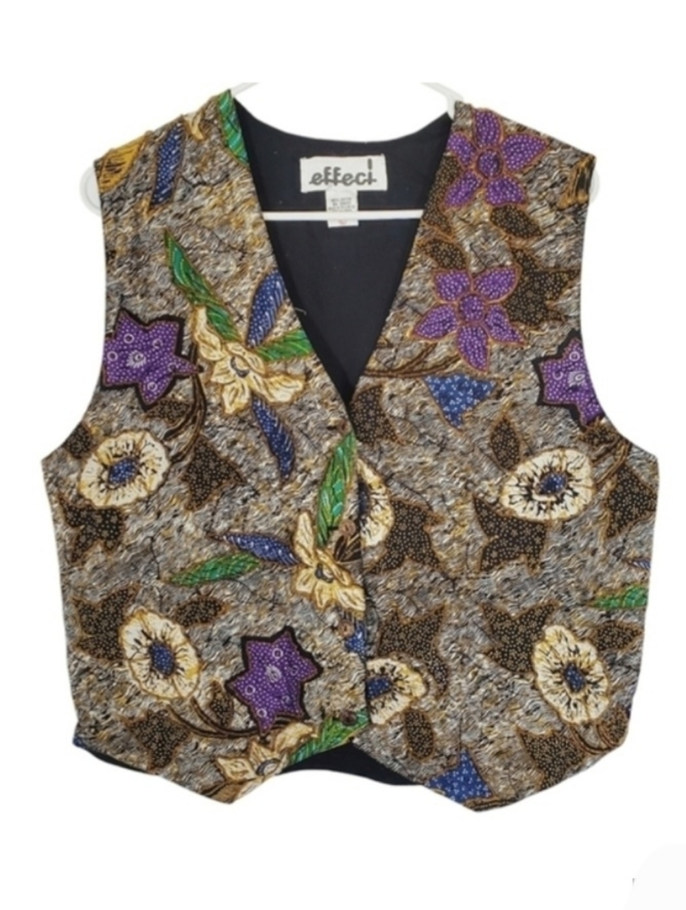1494 * Effeci Beaded Floral Print Vest Tan Purple Size L Vintage